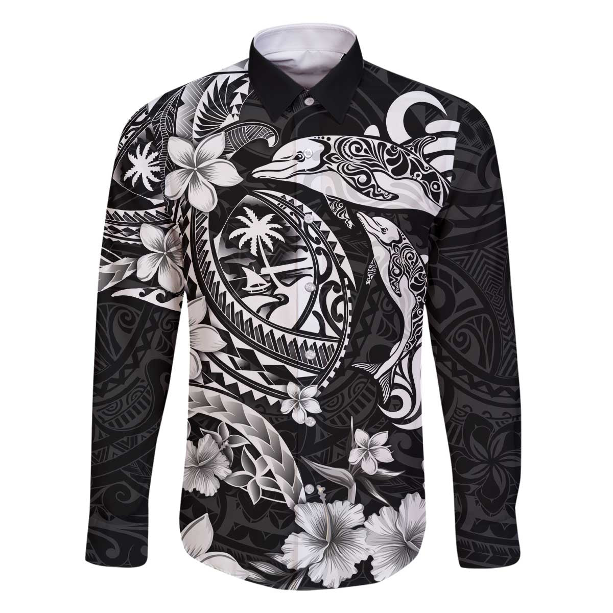 Guam Dolphins Tribal Tattoo Family Matching Off The Shoulder Long Sleeve Dress and Hawaiian Shirt Polynesian Art and Tropical Flower Grayscale