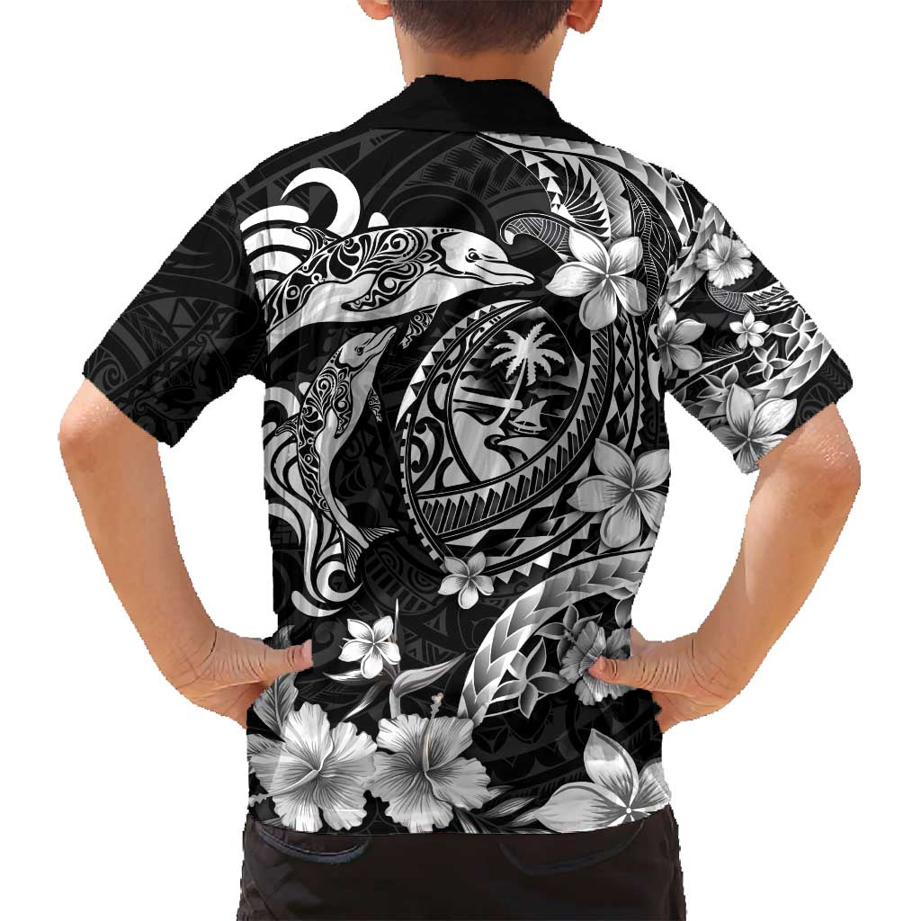 Guam Dolphins Tribal Tattoo Family Matching Off Shoulder Short Dress and Hawaiian Shirt Polynesian Art and Tropical Flower Grayscale