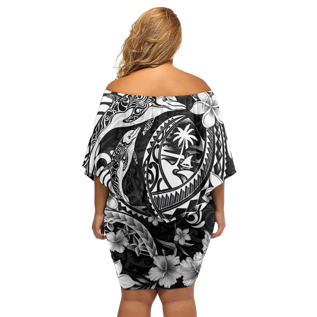 Guam Dolphins Tribal Tattoo Family Matching Off Shoulder Short Dress and Hawaiian Shirt Polynesian Art and Tropical Flower Grayscale
