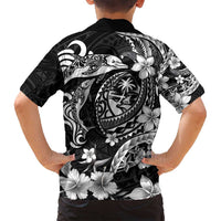 Guam Dolphins Tribal Tattoo Family Matching Summer Maxi Dress and Hawaiian Shirt Polynesian Art and Tropical Flower Grayscale