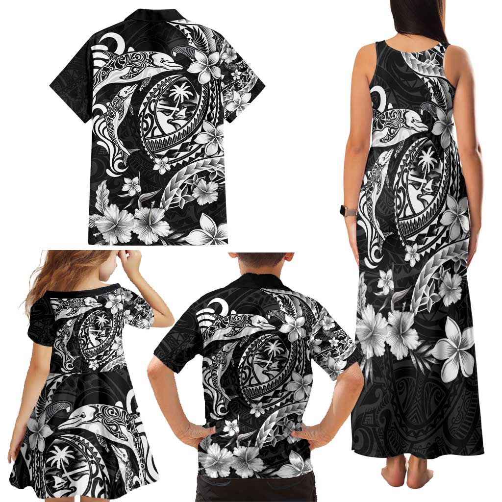 Guam Dolphins Tribal Tattoo Family Matching Tank Maxi Dress and Hawaiian Shirt Polynesian Art and Tropical Flower Grayscale