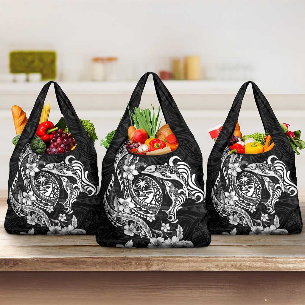 Guam Dolphins Tribal Tattoo Grocery Bag Polynesian Art and Tropical Flower Grayscale LT03 3-pack One Size Black - Polynesian Pride