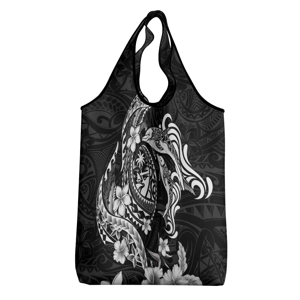 Guam Dolphins Tribal Tattoo Grocery Bag Polynesian Art and Tropical Flower Grayscale LT03 - Polynesian Pride