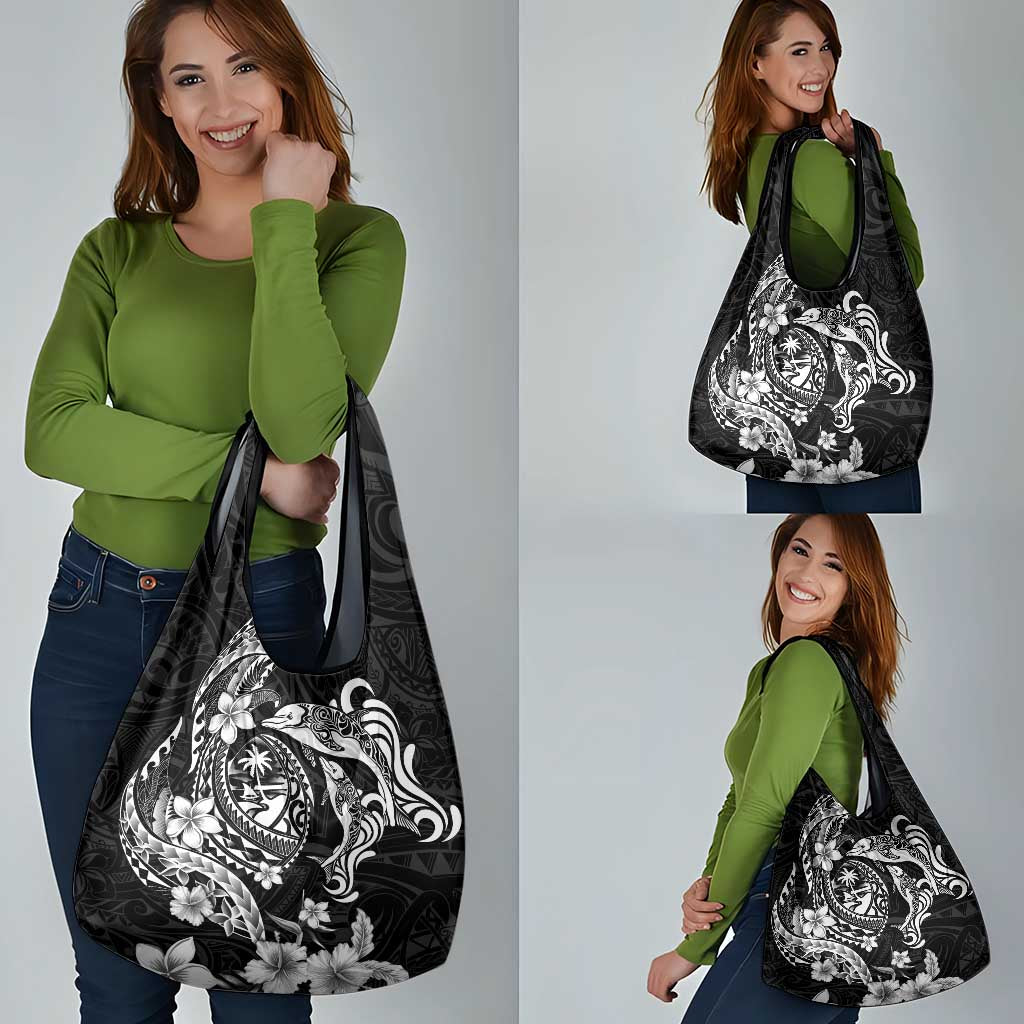 Guam Dolphins Tribal Tattoo Grocery Bag Polynesian Art and Tropical Flower Grayscale LT03 - Polynesian Pride