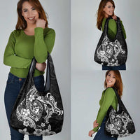 Guam Dolphins Tribal Tattoo Grocery Bag Polynesian Art and Tropical Flower Grayscale LT03 - Polynesian Pride