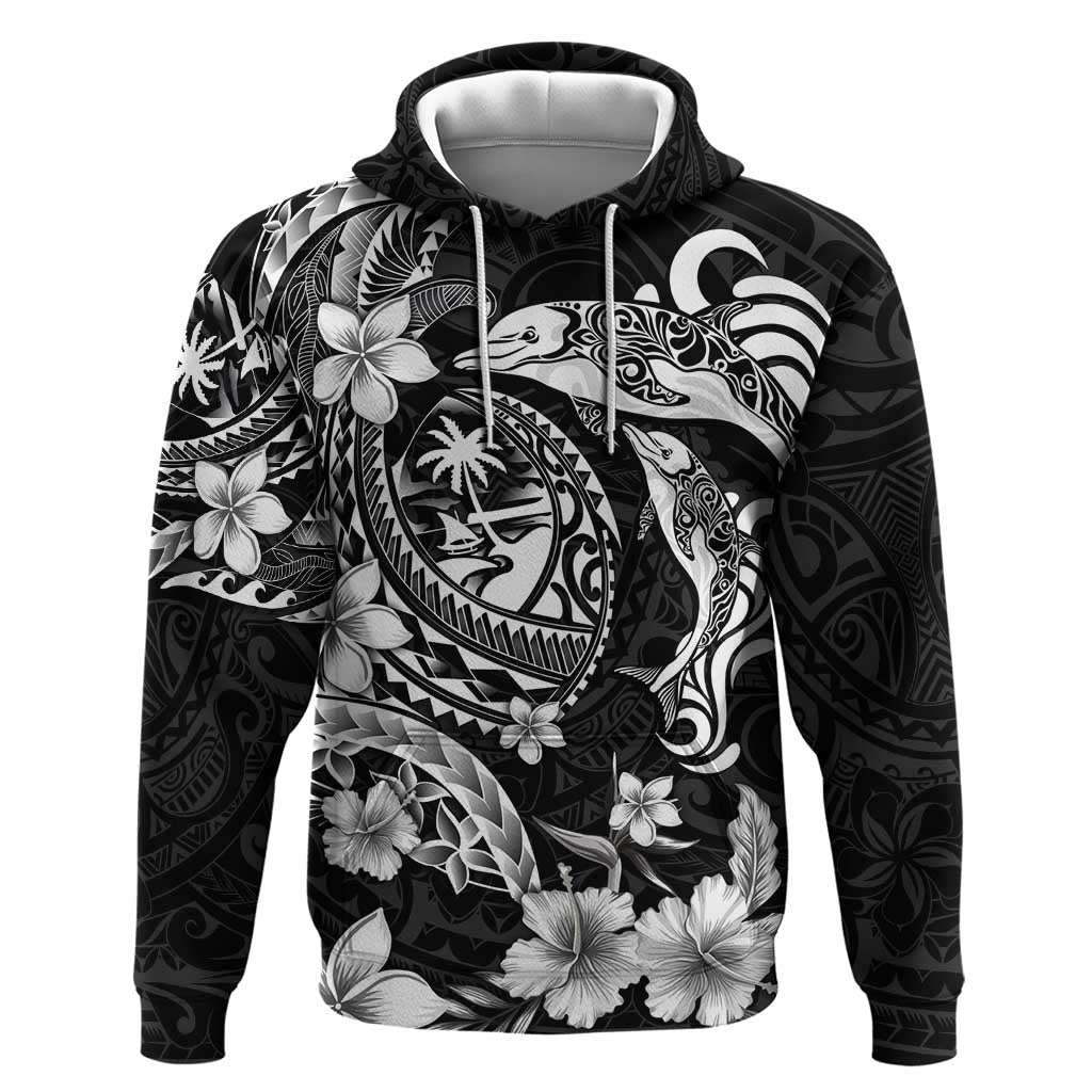 Guam Dolphins Tribal Tattoo Hoodie Polynesian Art and Tropical Flower Grayscale