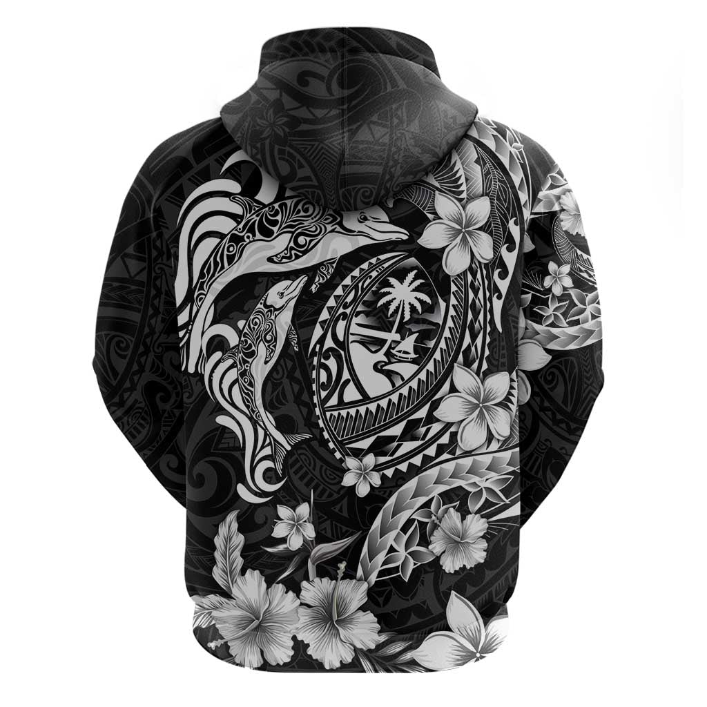 Guam Dolphins Tribal Tattoo Hoodie Polynesian Art and Tropical Flower Grayscale