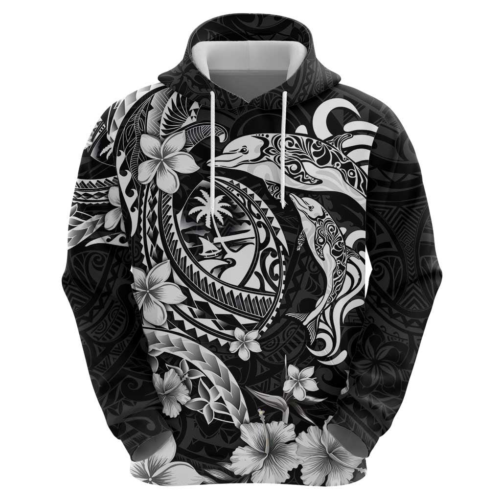Guam Dolphins Tribal Tattoo Hoodie Polynesian Art and Tropical Flower Grayscale