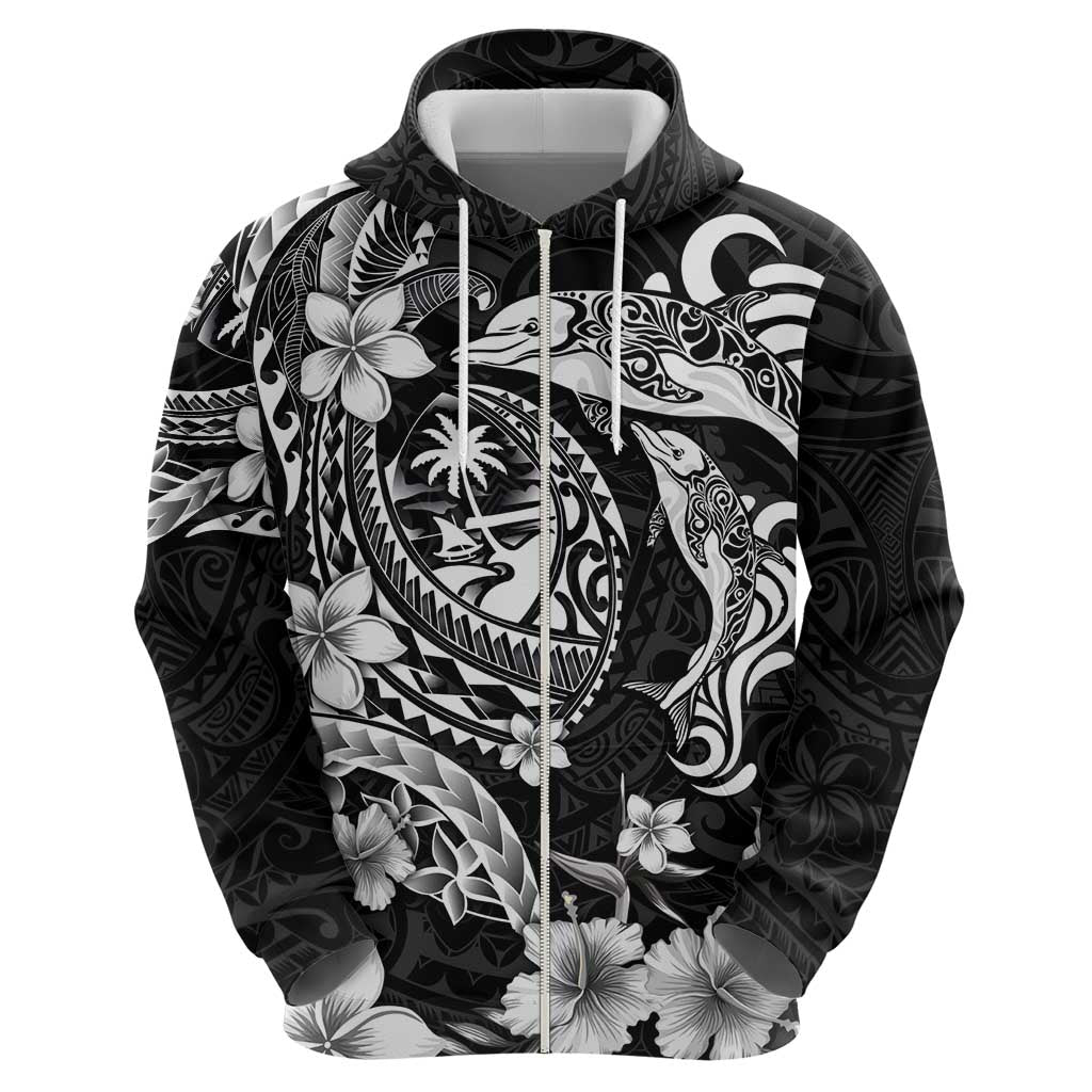 Guam Dolphins Tribal Tattoo Hoodie Polynesian Art and Tropical Flower Grayscale