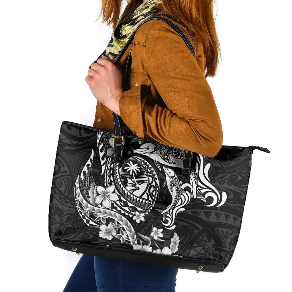 Guam Dolphins Tribal Tattoo Leather Tote Bag Polynesian Art and Tropical Flower Grayscale