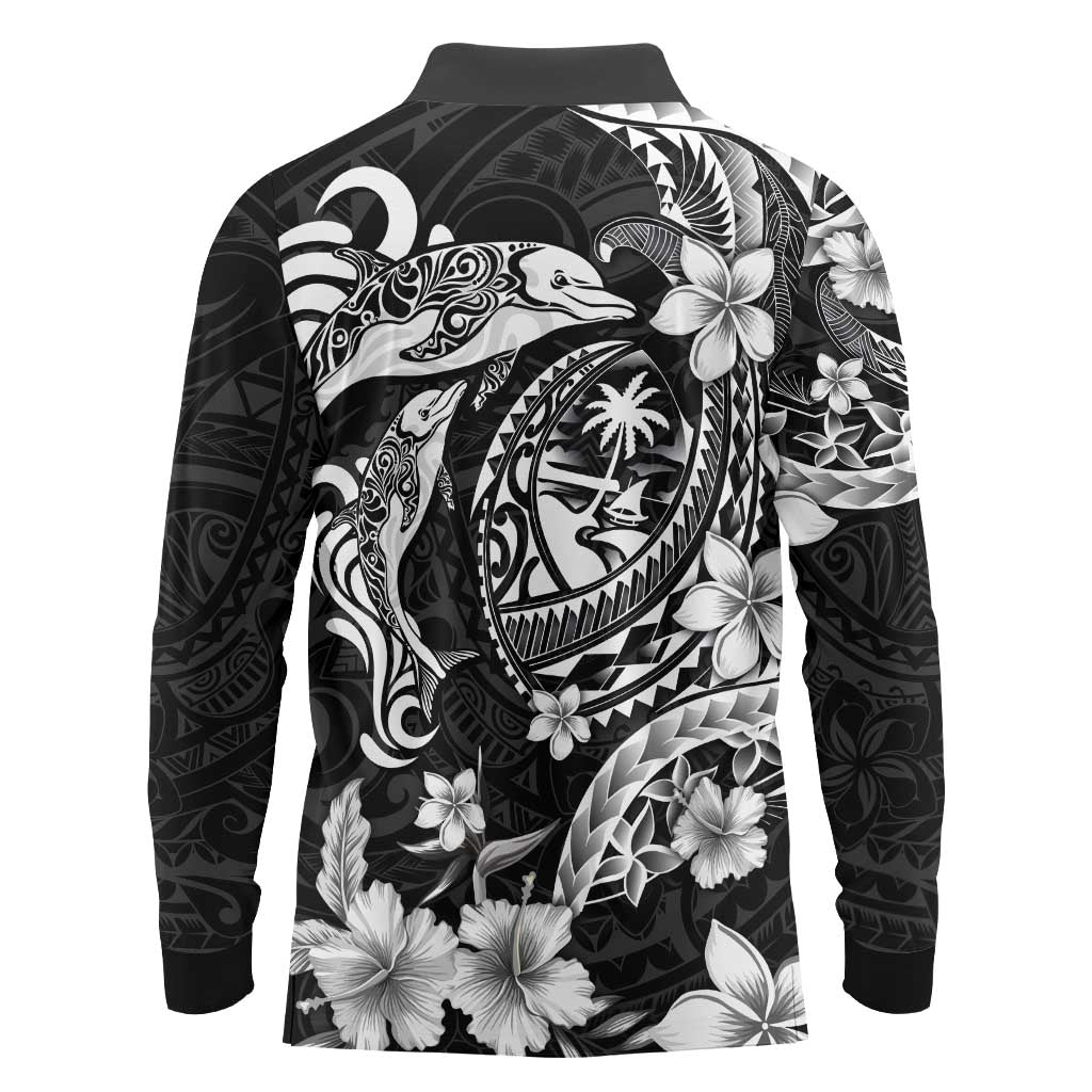 Guam Dolphins Tribal Tattoo Long Sleeve Polo Shirt Polynesian Art and Tropical Flower Grayscale
