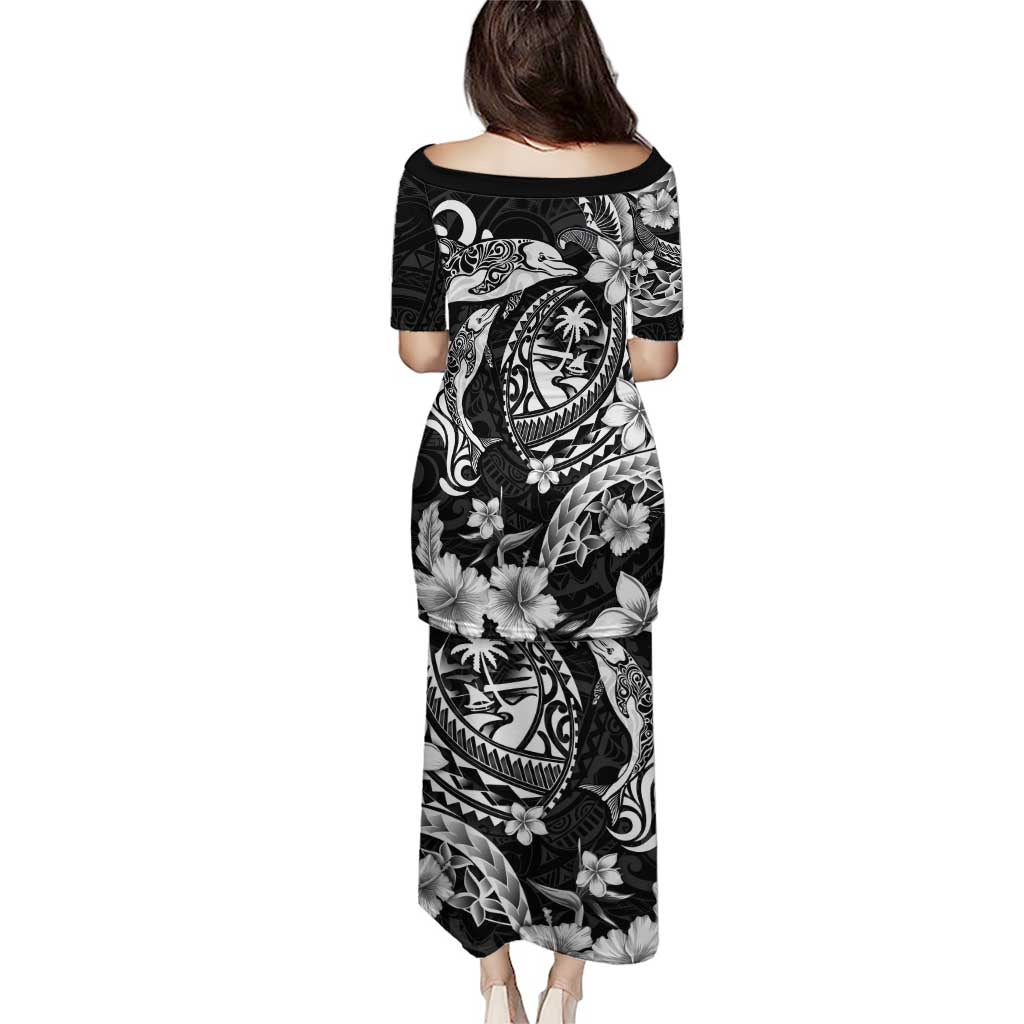 Guam Dolphins Tribal Tattoo Puletasi Polynesian Art and Tropical Flower Grayscale