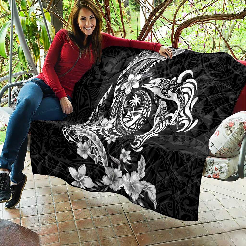 Guam Dolphins Tribal Tattoo Quilt Polynesian Art and Tropical Flower Grayscale