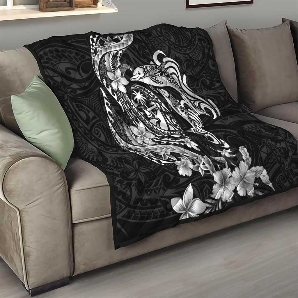 Guam Dolphins Tribal Tattoo Quilt Polynesian Art and Tropical Flower Grayscale