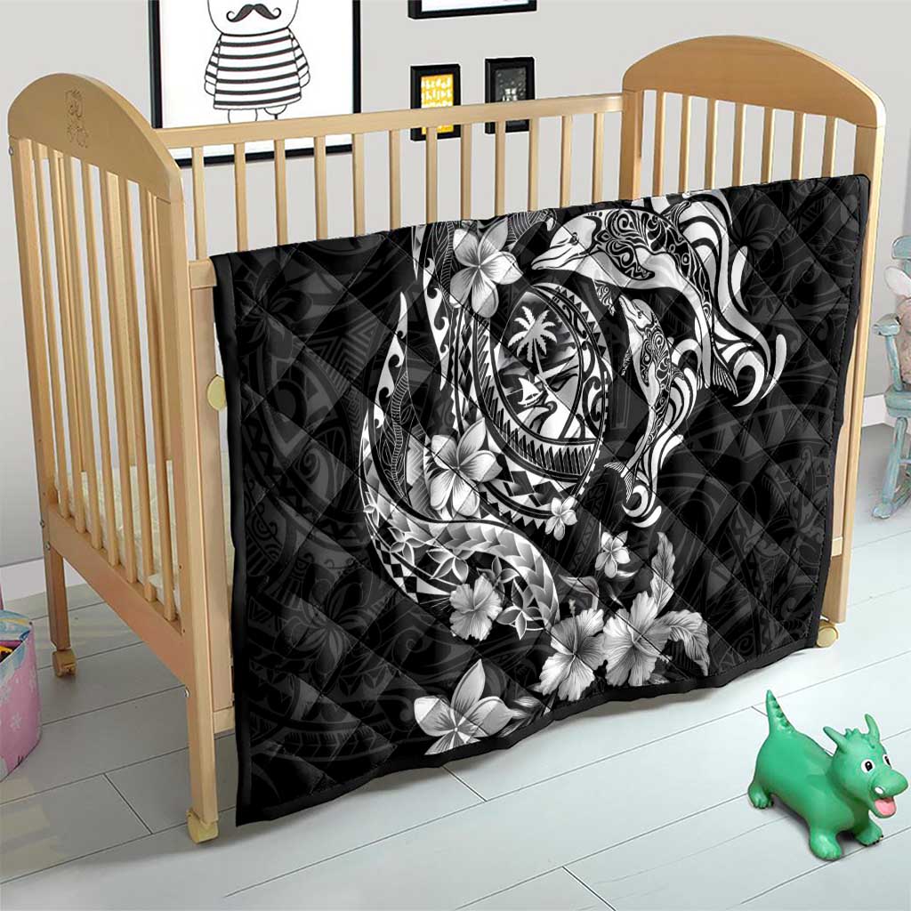 Guam Dolphins Tribal Tattoo Quilt Polynesian Art and Tropical Flower Grayscale