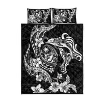 Guam Dolphins Tribal Tattoo Quilt Bed Set Polynesian Art and Tropical Flower Grayscale