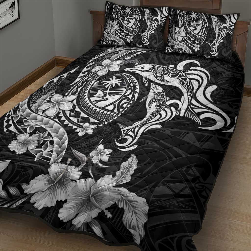 Guam Dolphins Tribal Tattoo Quilt Bed Set Polynesian Art and Tropical Flower Grayscale