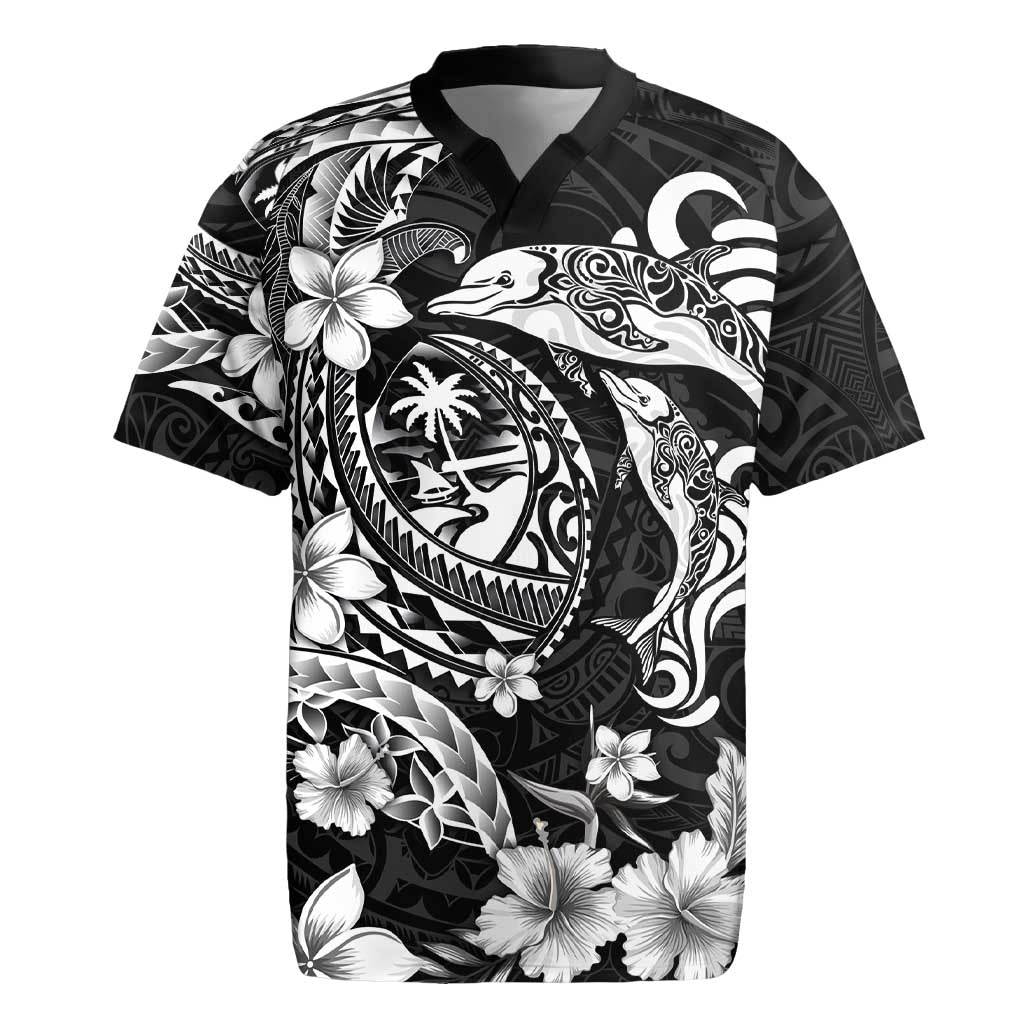 Guam Dolphins Tribal Tattoo Rugby Jersey Polynesian Art and Tropical Flower Grayscale LT03 Black - Polynesian Pride