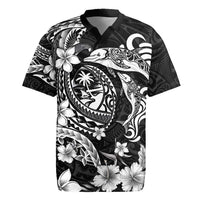 Guam Dolphins Tribal Tattoo Rugby Jersey Polynesian Art and Tropical Flower Grayscale LT03 Black - Polynesian Pride
