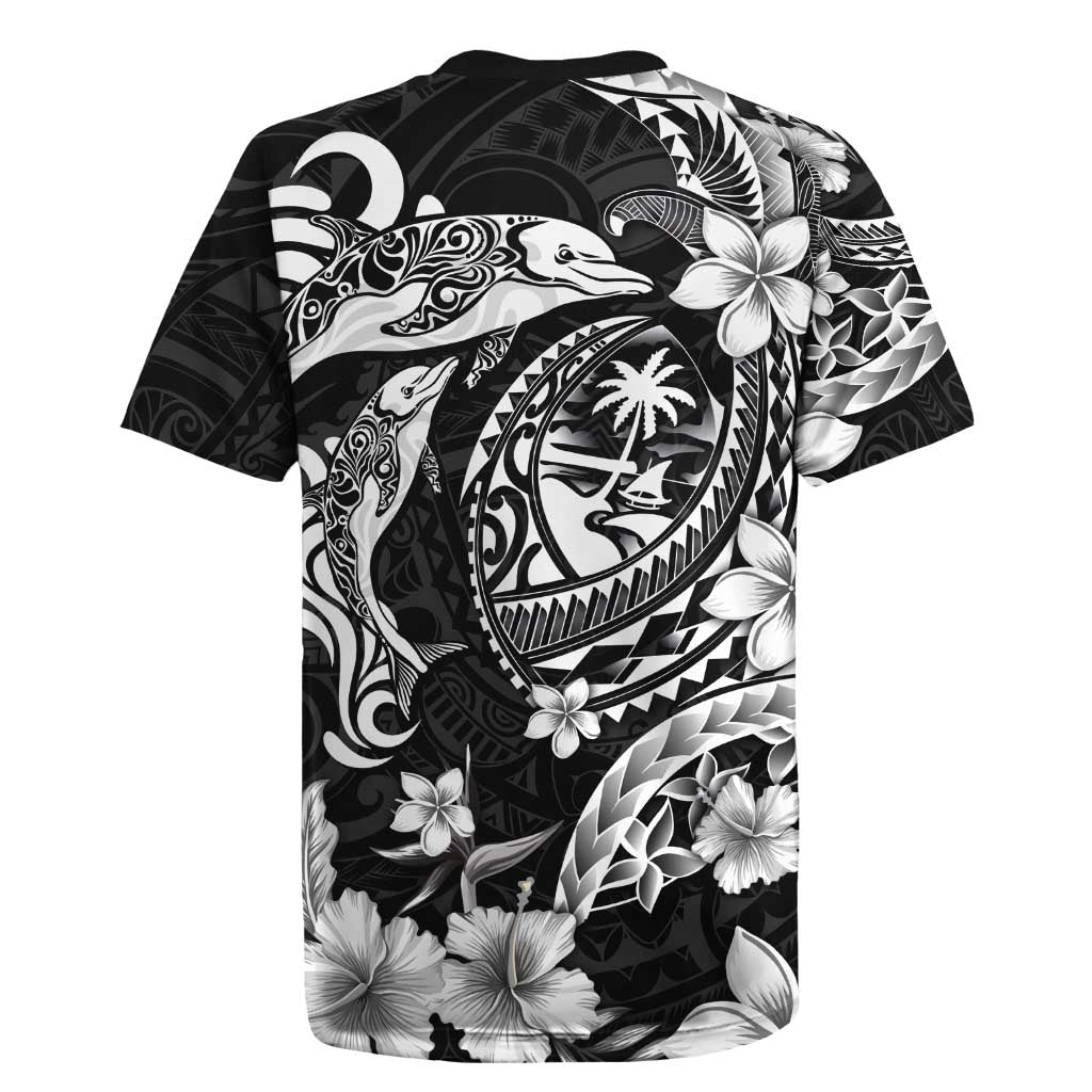 Guam Dolphins Tribal Tattoo Rugby Jersey Polynesian Art and Tropical Flower Grayscale LT03 - Polynesian Pride