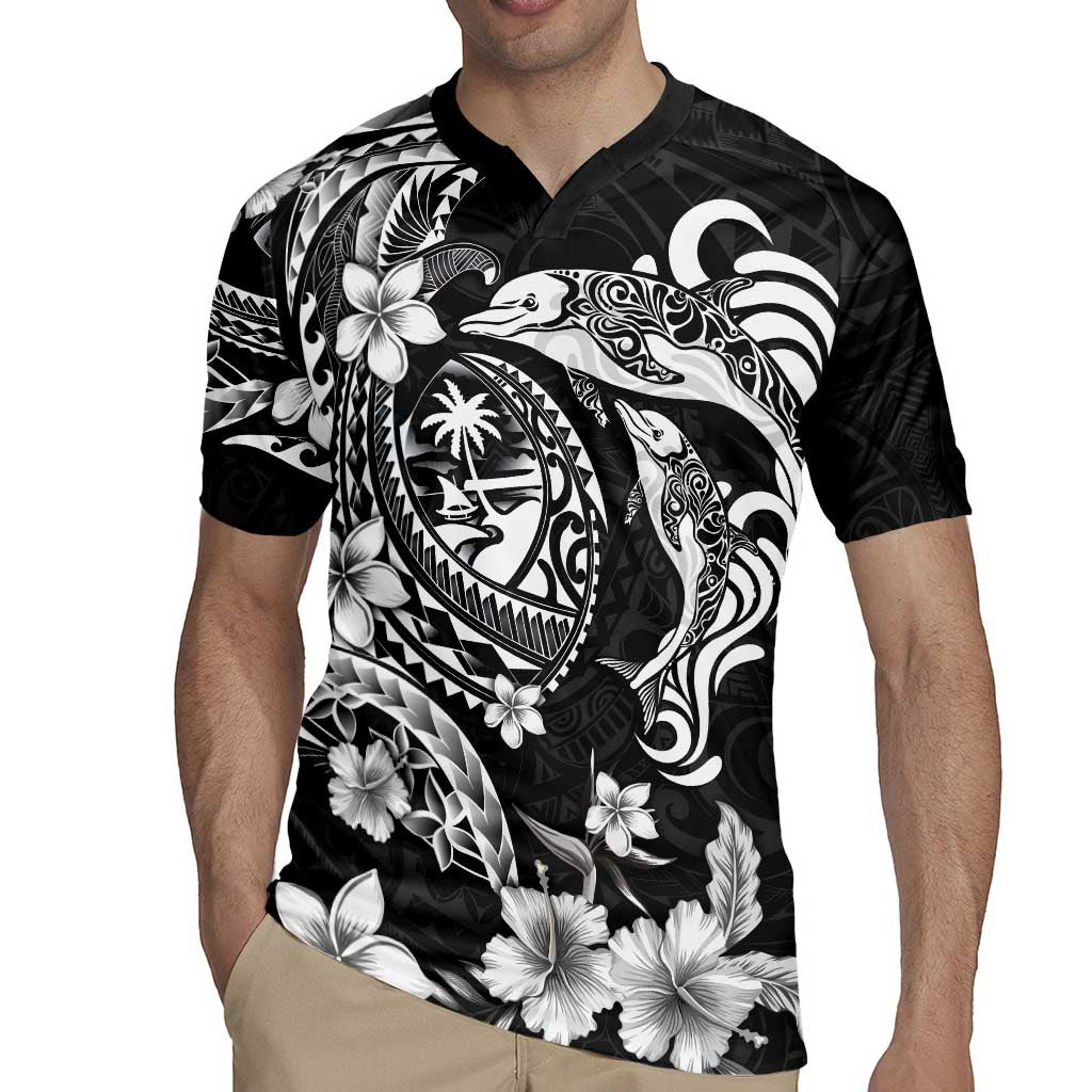 Guam Dolphins Tribal Tattoo Rugby Jersey Polynesian Art and Tropical Flower Grayscale LT03 - Polynesian Pride