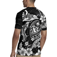 Guam Dolphins Tribal Tattoo Rugby Jersey Polynesian Art and Tropical Flower Grayscale LT03 - Polynesian Pride