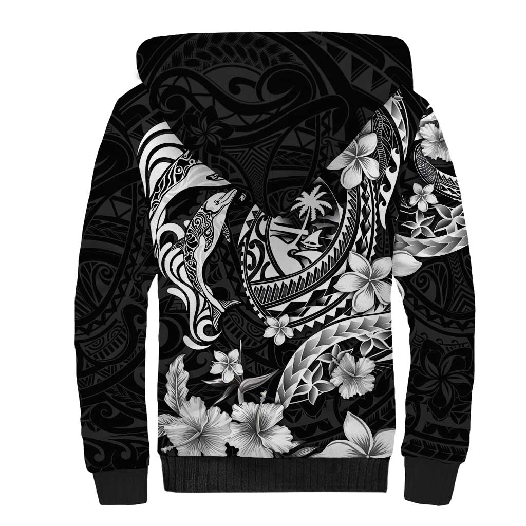 Guam Dolphins Tribal Tattoo Sherpa Hoodie Polynesian Art and Tropical Flower Grayscale