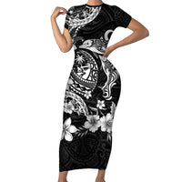 Guam Dolphins Tribal Tattoo Short Sleeve Bodycon Dress Polynesian Art and Tropical Flower Grayscale LT03 Long Dress Black - Polynesian Pride