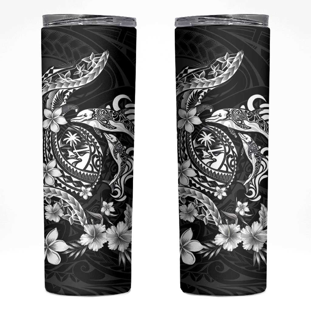 Guam Dolphins Tribal Tattoo Skinny Tumbler Polynesian Art and Tropical Flower Grayscale
