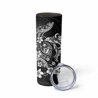 Guam Dolphins Tribal Tattoo Skinny Tumbler Polynesian Art and Tropical Flower Grayscale