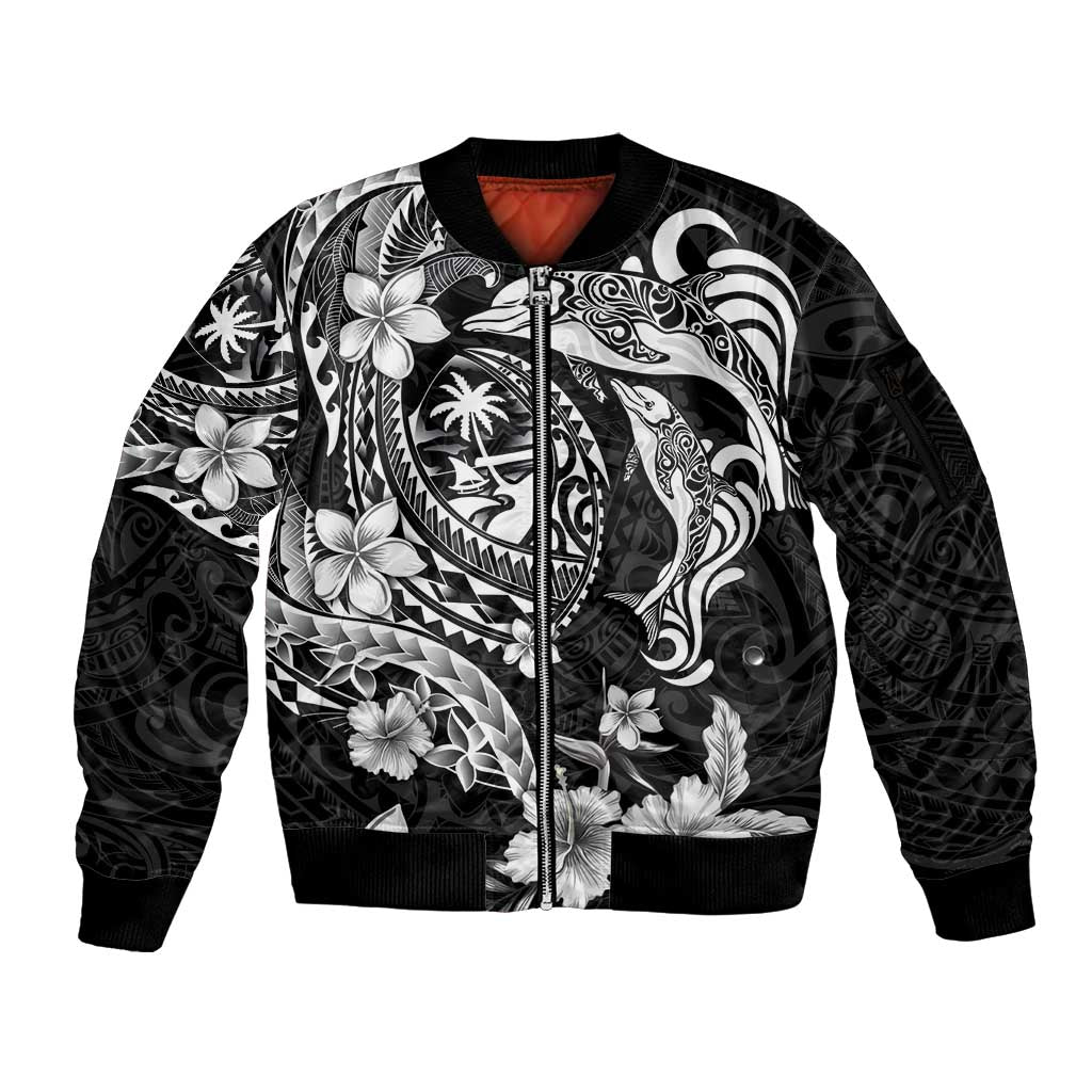 Guam Dolphins Tribal Tattoo Sleeve Zip Bomber Jacket Polynesian Art and Tropical Flower Grayscale