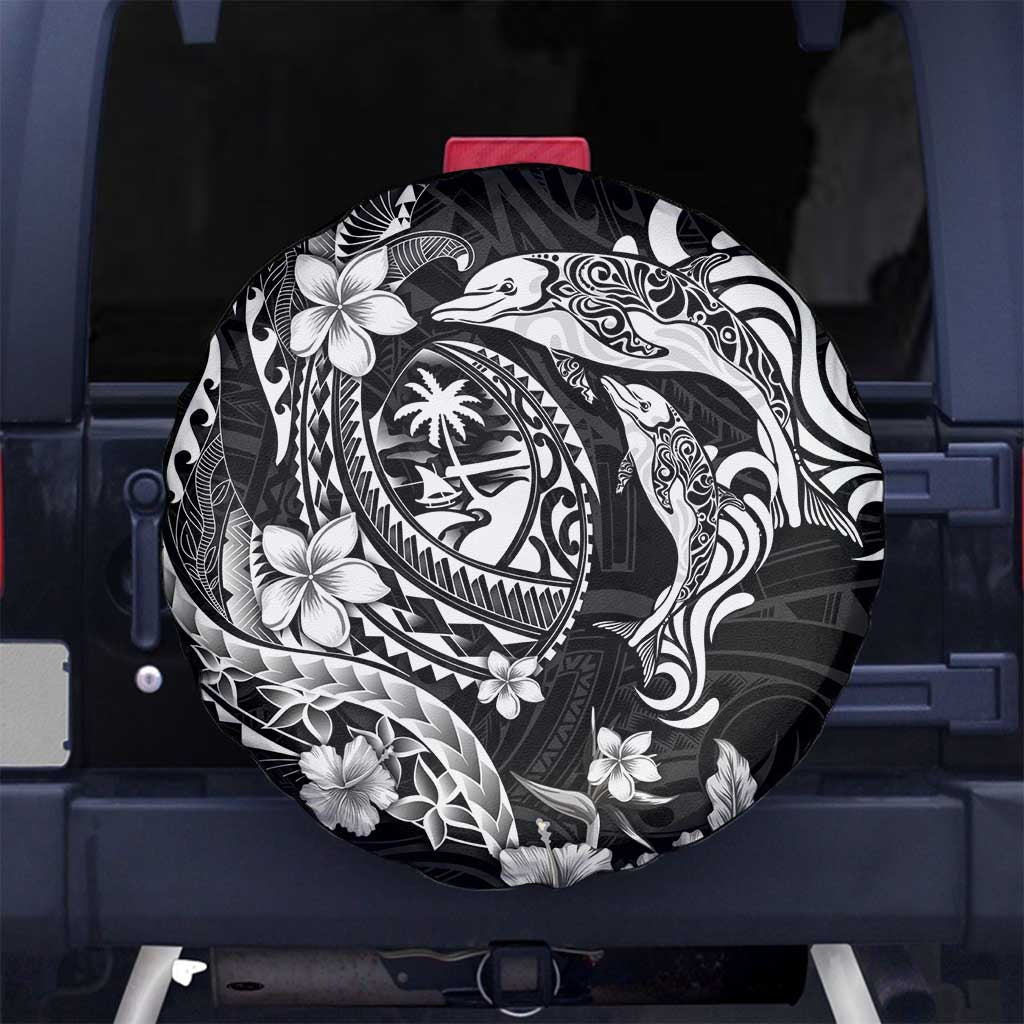 Guam Dolphins Tribal Tattoo Spare Tire Cover Polynesian Art and Tropical Flower Grayscale