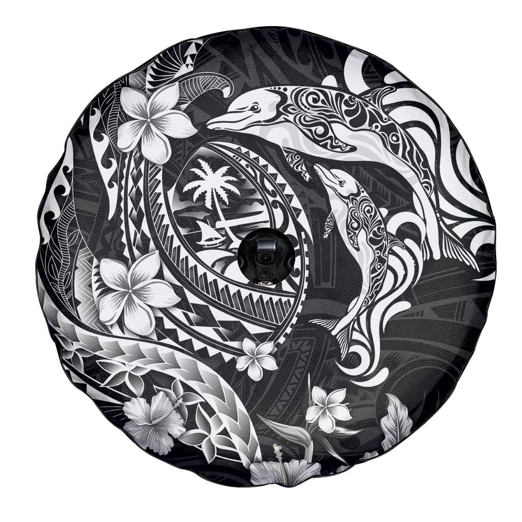 Guam Dolphins Tribal Tattoo Spare Tire Cover Polynesian Art and Tropical Flower Grayscale
