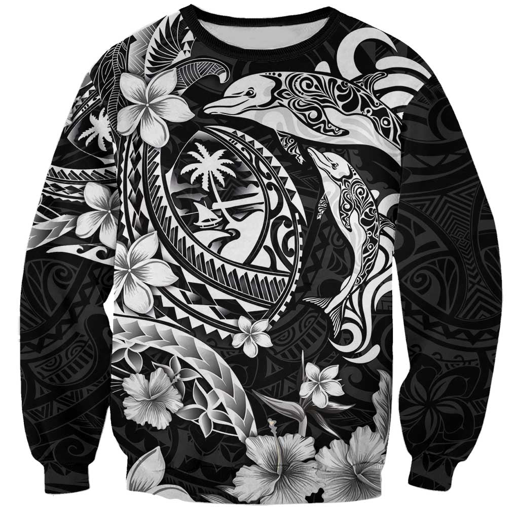 Guam Dolphins Tribal Tattoo Sweatshirt Polynesian Art and Tropical Flower Grayscale