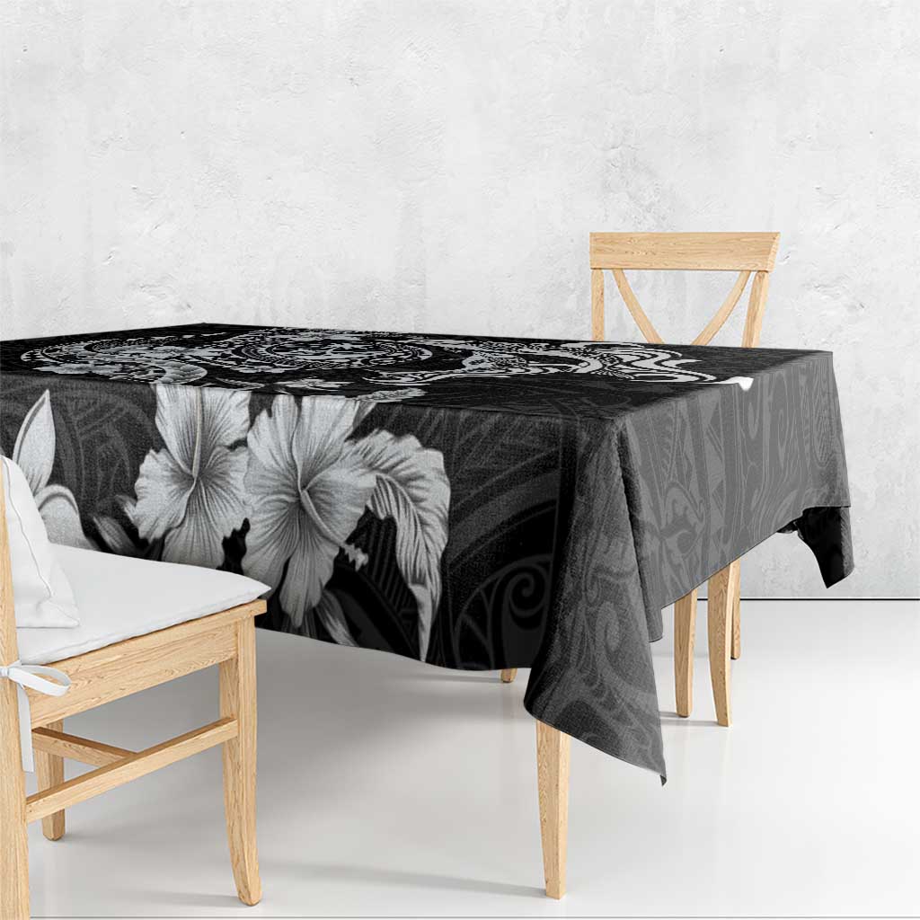 Guam Dolphins Tribal Tattoo Tablecloth Polynesian Art and Tropical Flower Grayscale