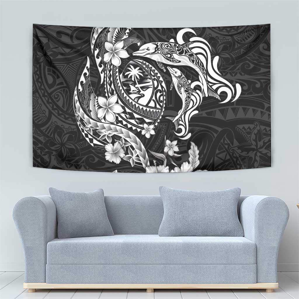 Guam Dolphins Tribal Tattoo Tapestry Polynesian Art and Tropical Flower Grayscale