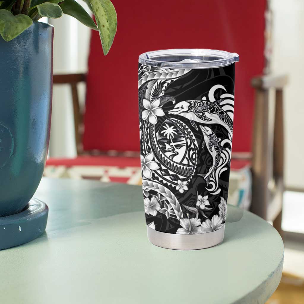 Guam Dolphins Tribal Tattoo Tumbler Cup Polynesian Art and Tropical Flower Grayscale