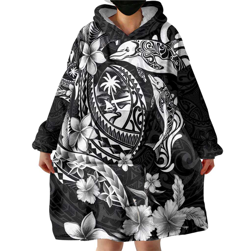 Guam Dolphins Tribal Tattoo Wearable Blanket Hoodie Polynesian Art and Tropical Flower Grayscale