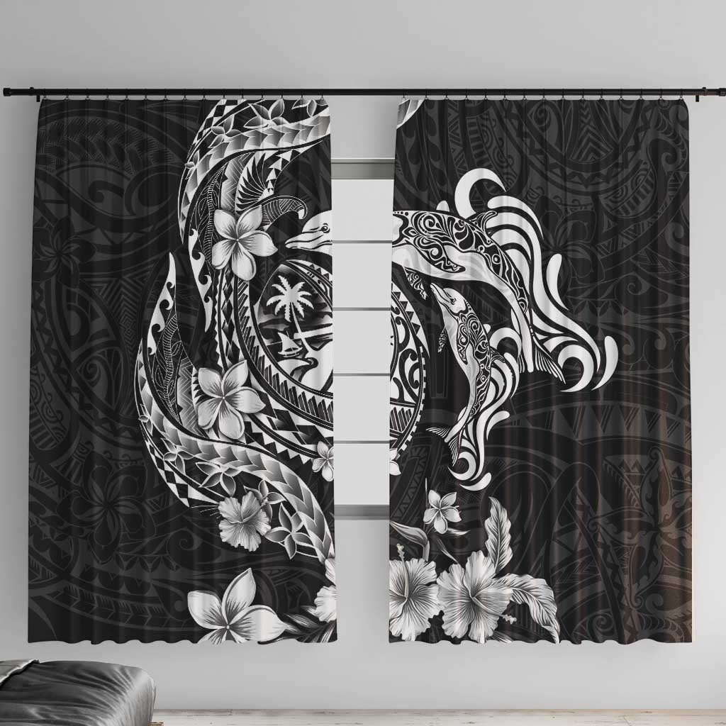 Guam Dolphins Tribal Tattoo Window Curtain Polynesian Art and Tropical Flower Grayscale