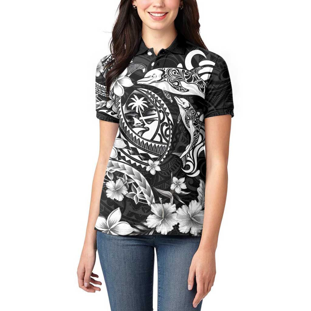 Guam Dolphins Tribal Tattoo Women Polo Shirt Polynesian Art and Tropical Flower Grayscale