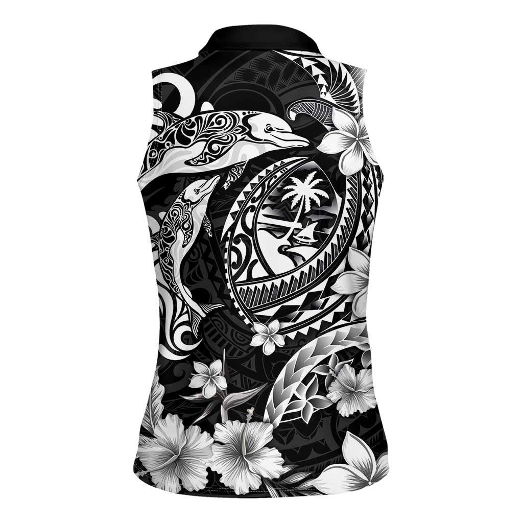 Guam Dolphins Tribal Tattoo Women Sleeveless Polo Shirt Polynesian Art and Tropical Flower Grayscale