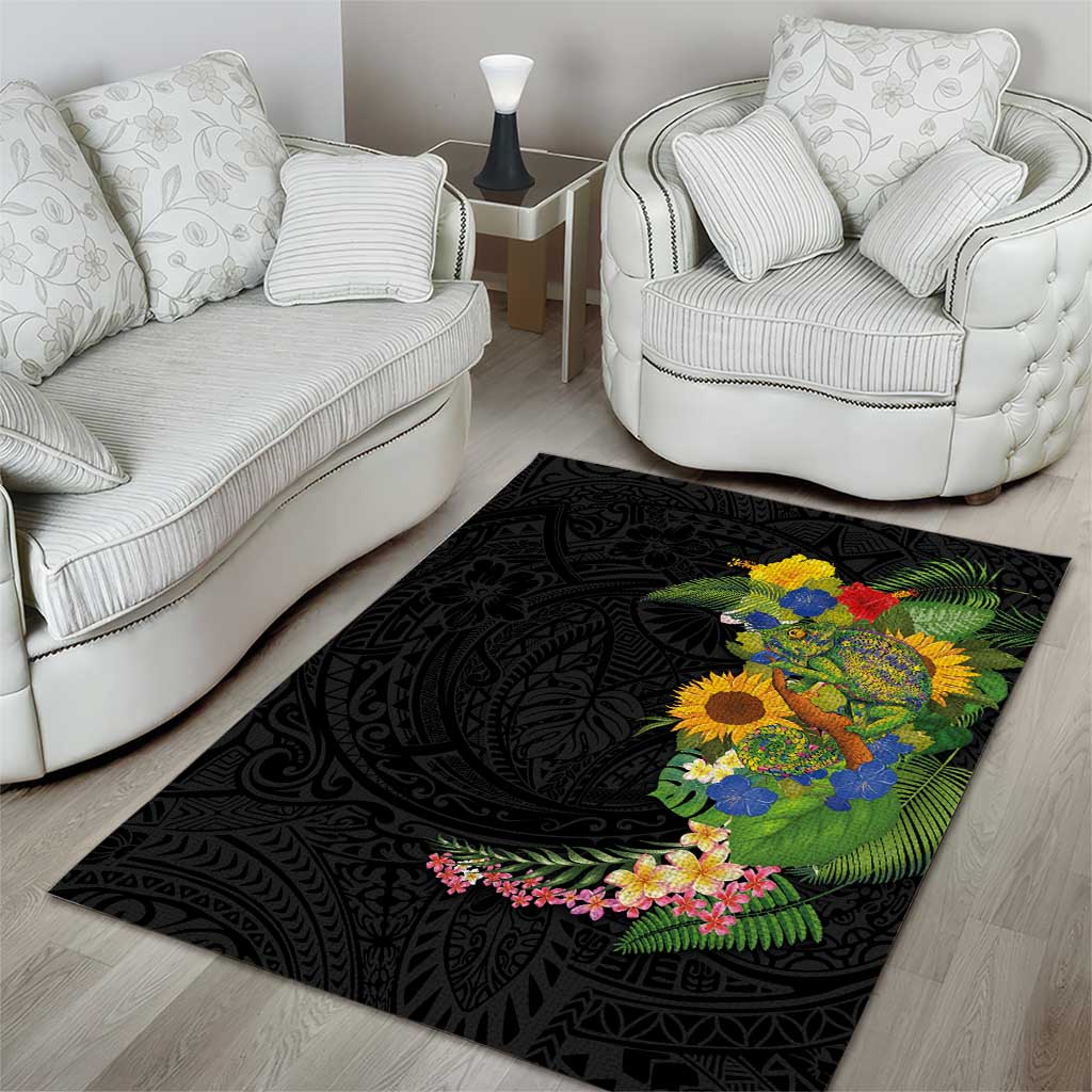 Hawaiian Tropical Plants and Chameleon Area Rug Polynesian Art Colorful - Polynesian Pride