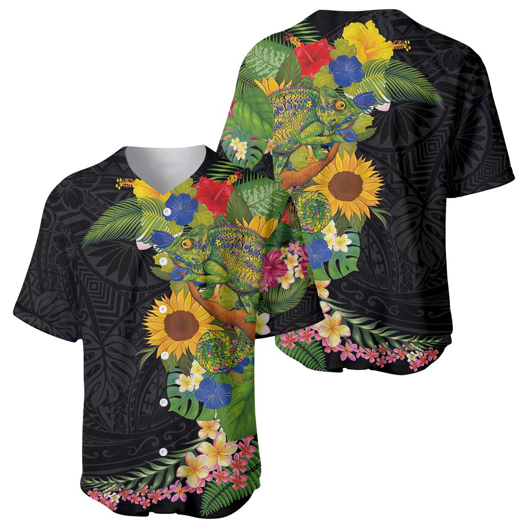 Hawaiian Tropical Plants and Chameleon Baseball Jersey Polynesian Art Colorful - Polynesian Pride