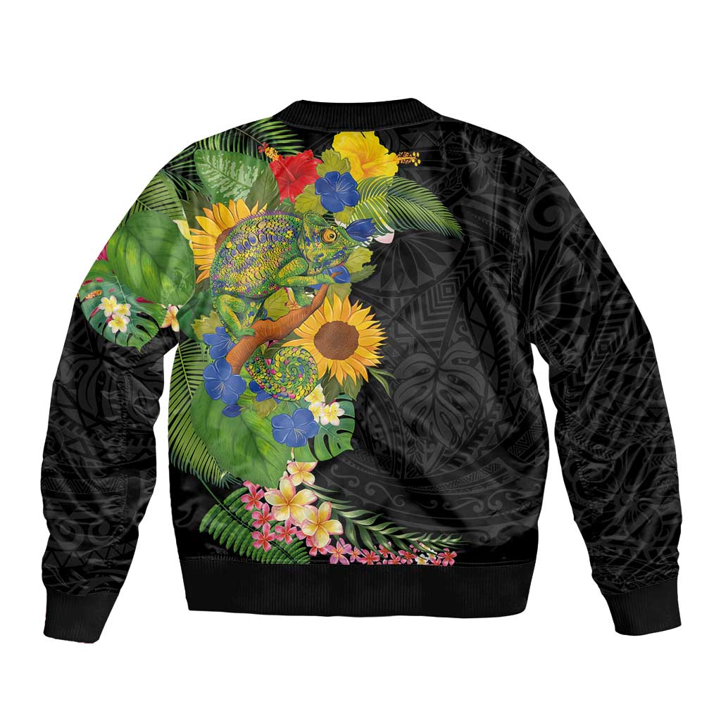 Hawaiian Tropical Plants and Chameleon Bomber Jacket Polynesian Art Colorful - Polynesian Pride