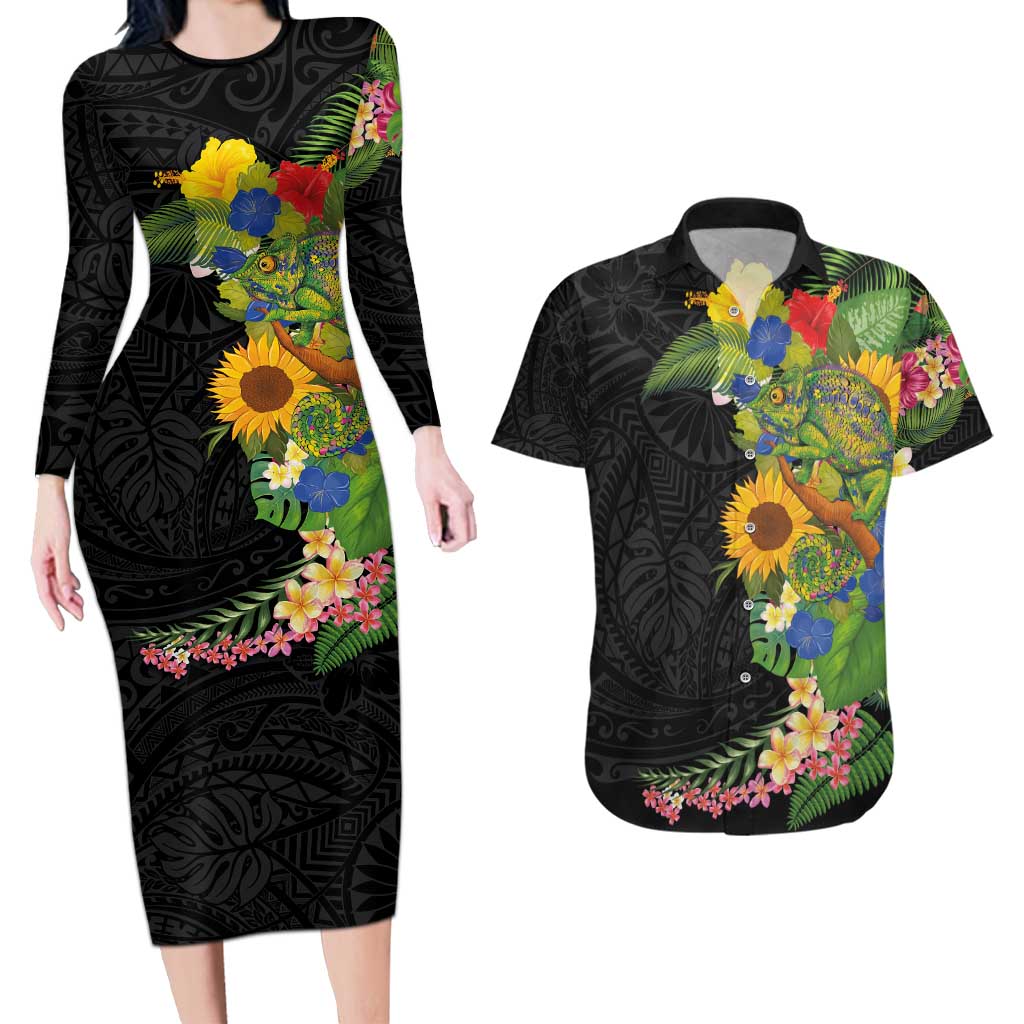Hawaiian Tropical Plants and Chameleon Couples Matching Long Sleeve Bodycon Dress and Hawaiian Shirt Polynesian Art Colorful - Polynesian Pride