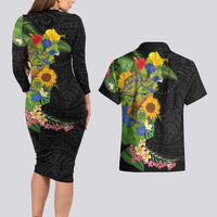 Hawaiian Tropical Plants and Chameleon Couples Matching Long Sleeve Bodycon Dress and Hawaiian Shirt Polynesian Art Colorful - Polynesian Pride
