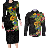 Hawaiian Tropical Plants and Chameleon Couples Matching Long Sleeve Bodycon Dress and Long Sleeve Button Shirt Polynesian Art Colorful - Polynesian Pride