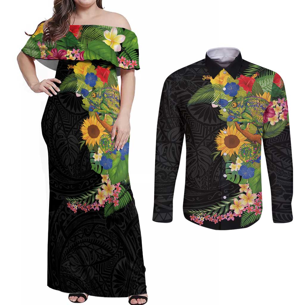 Hawaiian Tropical Plants and Chameleon Couples Matching Off Shoulder Maxi Dress and Long Sleeve Button Shirt Polynesian Art Colorful - Polynesian Pride