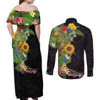 Hawaiian Tropical Plants and Chameleon Couples Matching Off Shoulder Maxi Dress and Long Sleeve Button Shirt Polynesian Art Colorful - Polynesian Pride