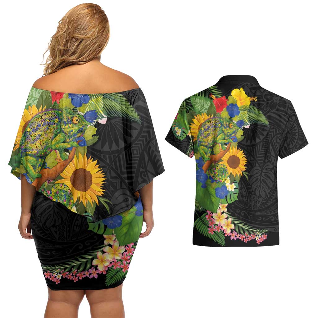 Hawaiian Tropical Plants and Chameleon Couples Matching Off Shoulder Short Dress and Hawaiian Shirt Polynesian Art Colorful - Polynesian Pride